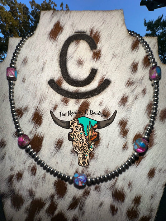 Pink Dye Turquoise Choker w/ Sterling Silver Pearls