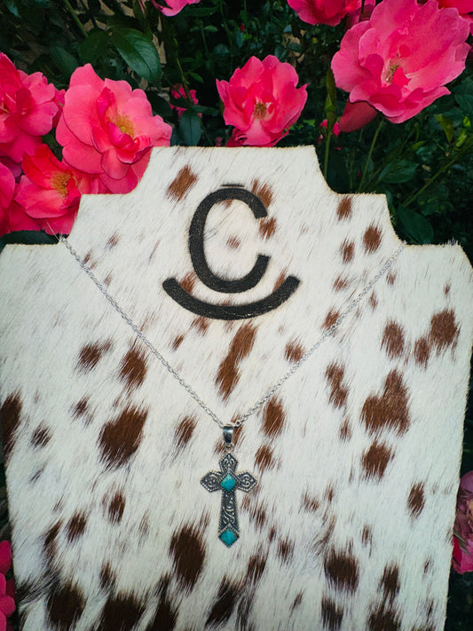Kingman Turquoise and Cross Necklace