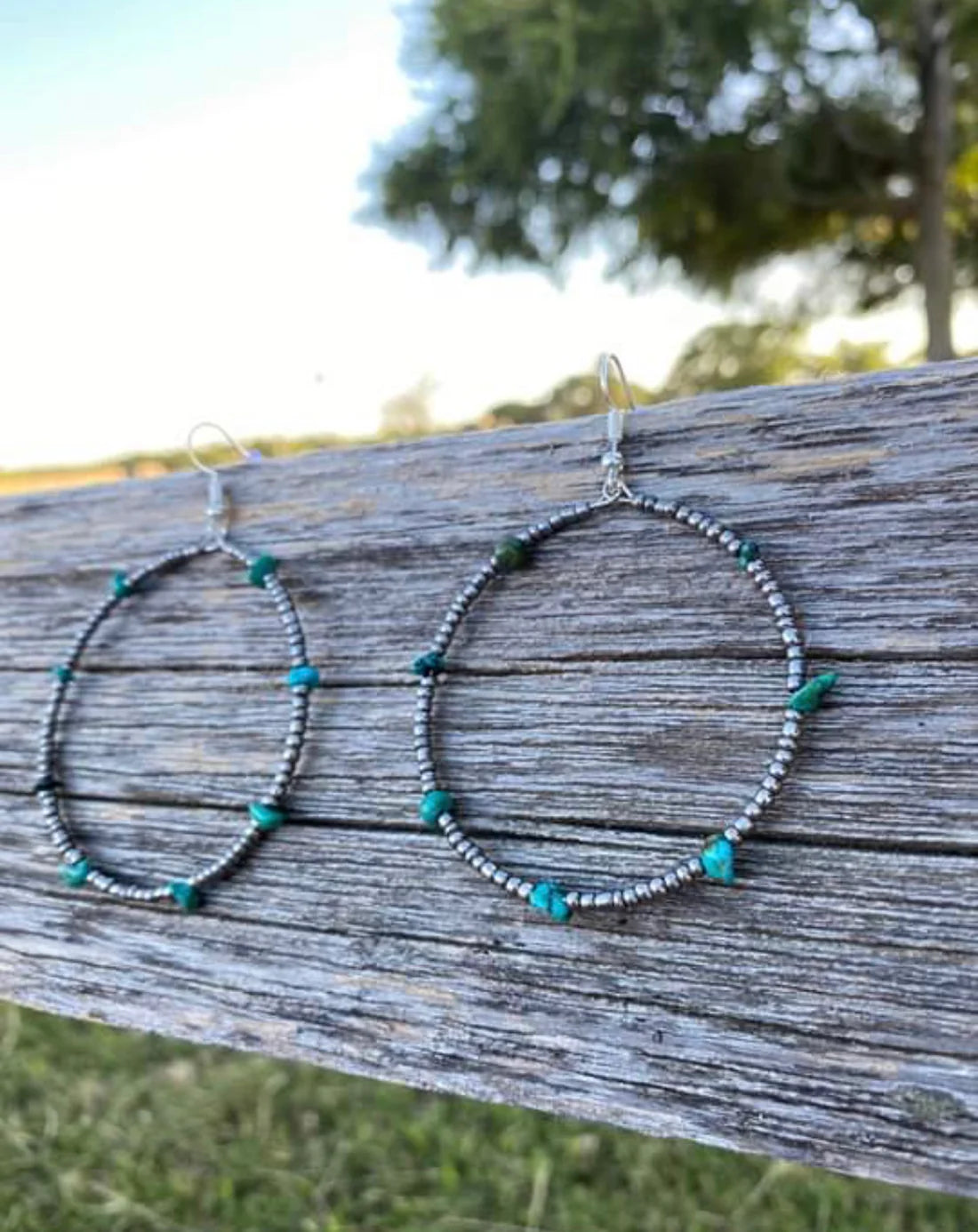 Silver Seed Bead & Natural Turquoise Hoop