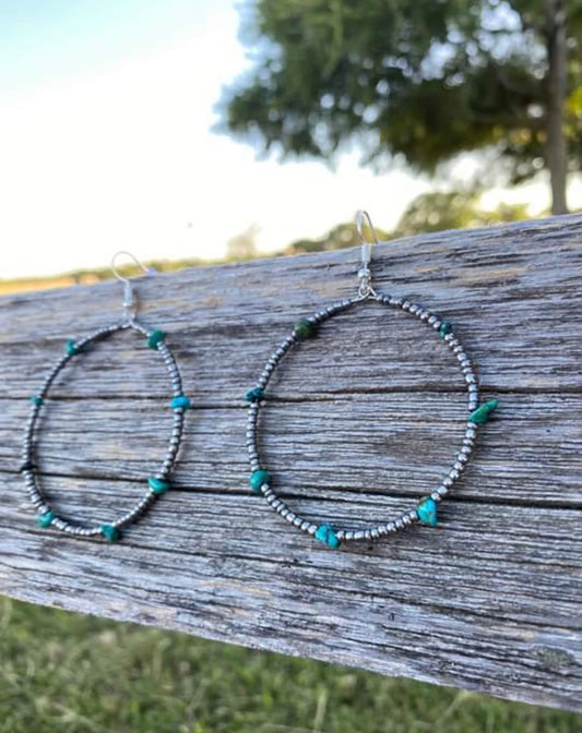 Silver Seed Bead & Natural Turquoise Hoop