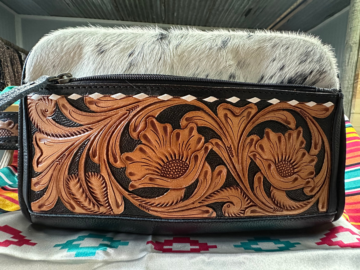 Hazen (Cowhide and Tooled Leather) Makeup Bag