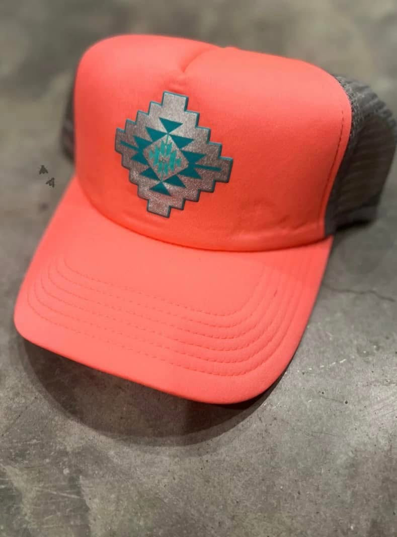 Coral Aztec Ponytail Cap