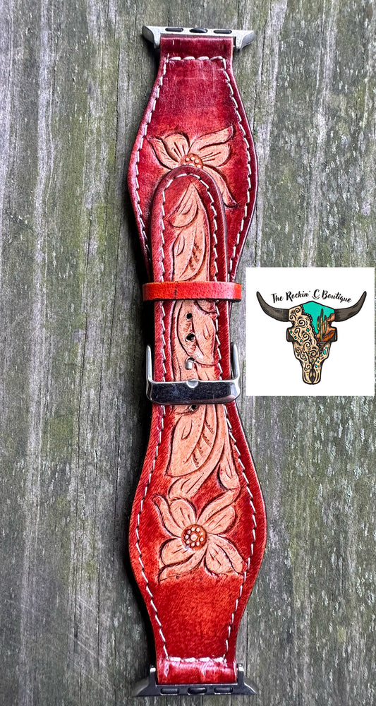 Red Tooled Leather Apple Watch Band