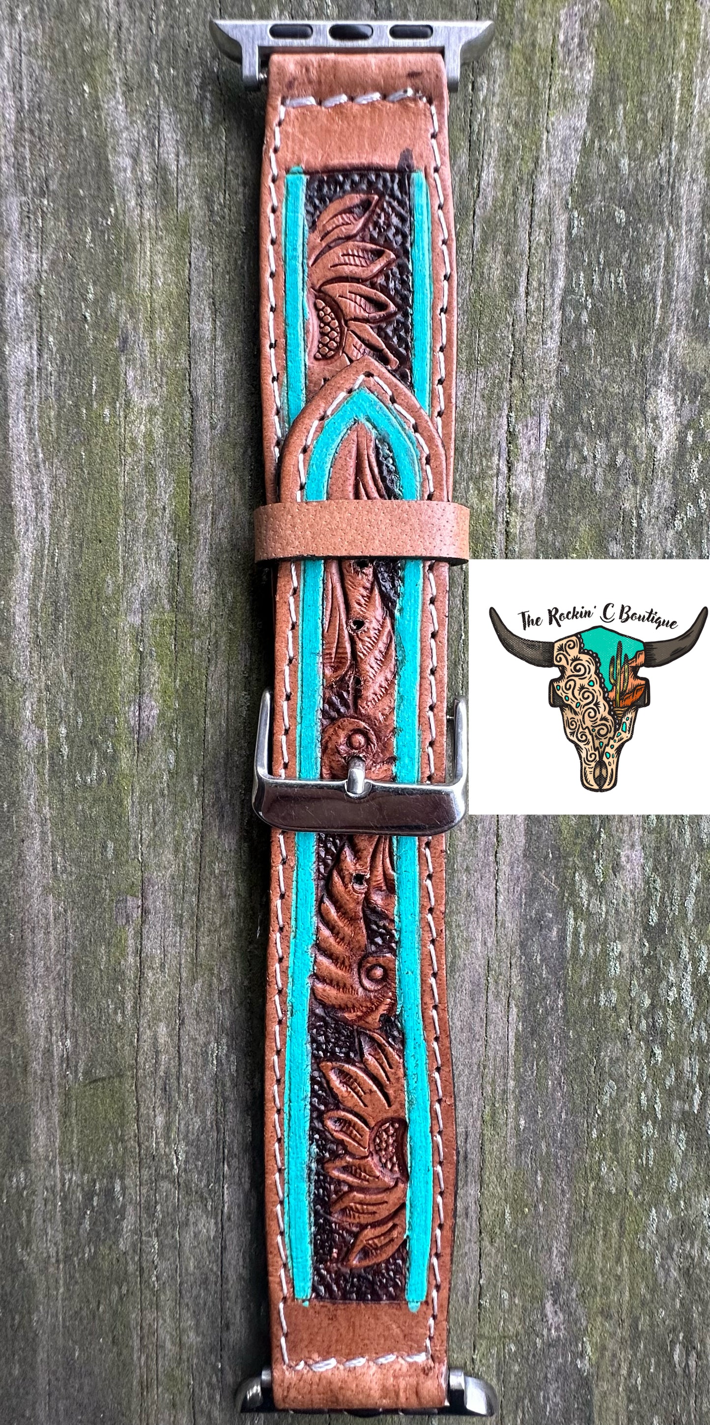 Turq/Brown Floral Tooled Leather Apple Watch Band