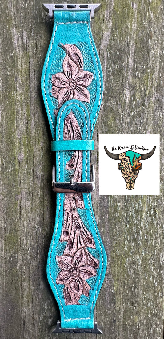 Turquoise Tooled Leather Apple Watch Bands