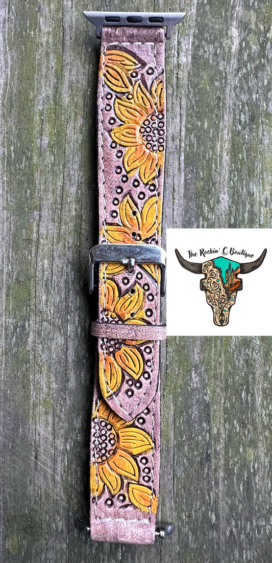 Sunflower Tooled Leather Apple Watch Band