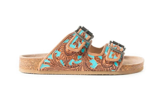 Turquoise and Tan Tooled Sandals