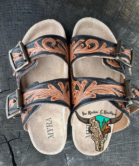 Black and Tan Tooled Sandals